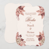 赤とピンクの花の結婚式招待状 スペイン語 招待状 (正面/裏面)