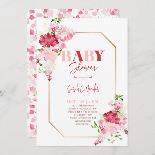 赤とピンクの花の赤ちゃんシャワー招待状 招待状 (正面/裏面)