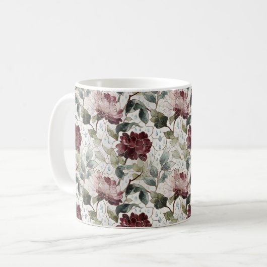 赤とピンクの花 雨粒 コーヒーマグカップ (正面左)