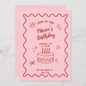 赤とピンクの誕生日 招待状 (正面/裏面)