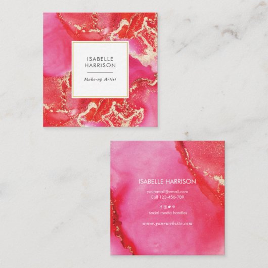 赤とピンクの金ゴールド水彩インク名刺 スクエア名刺 (正面/裏面)