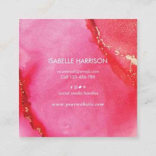 赤とピンクの金ゴールド水彩インク名刺 スクエア名刺 (裏面)