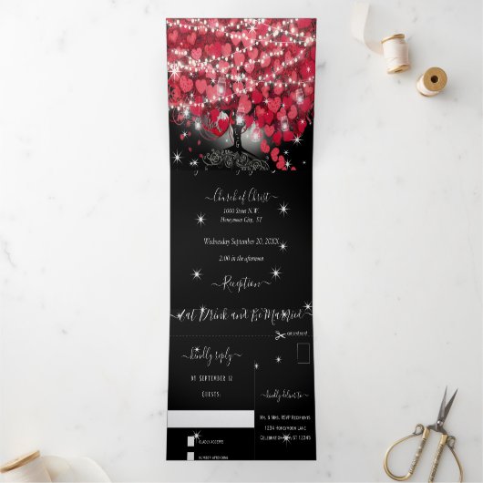 赤とピンクエレガントのハートリーフ結婚すべて 三つ折り招待状 (内部)