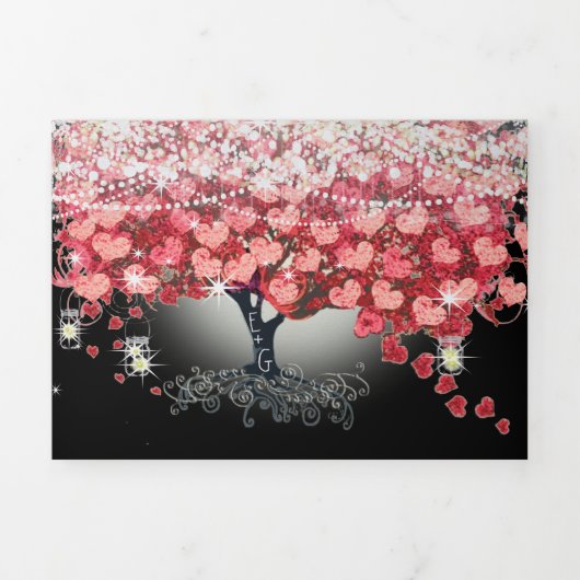 赤とピンクエレガントのハートリーフ結婚すべて 三つ折り招待状 (カバー)