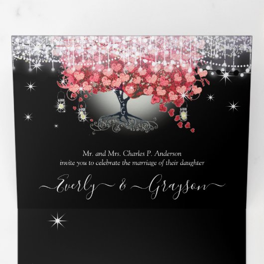 赤とピンクエレガントのハートリーフ結婚すべて 三つ折り招待状 (内部最初)