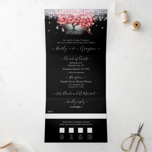 赤とピンクエレガントのハートリーフ結婚すべて 三つ折り招待状 (内部)