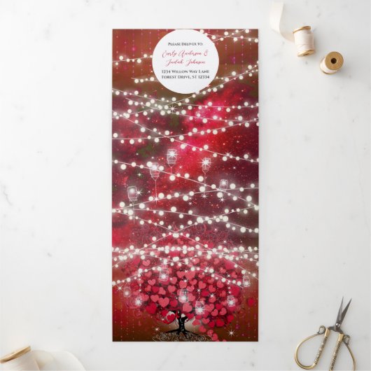 赤とピンクエレガントのハートリーフ結婚すべて 三つ折り招待状 (外部)