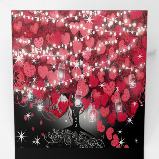 赤とピンクエレガントのハートリーフ結婚すべて 三つ折り招待状 (内部最初)