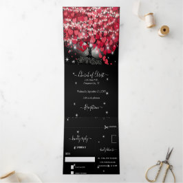 赤とピンクエレガントのハートリーフ結婚すべて 三つ折り招待状