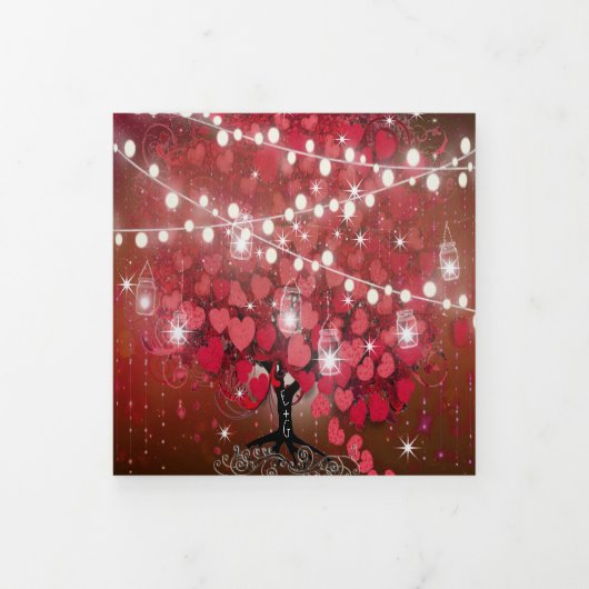 赤とピンクエレガントのハートリーフ結婚すべて 三つ折り招待状 (カバー)