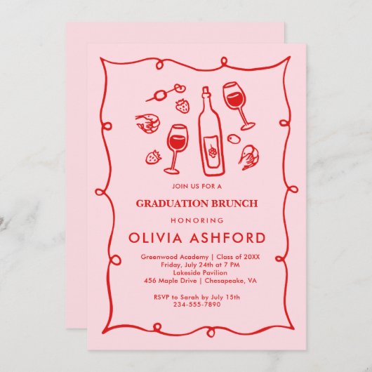 赤とピンクエレガントのブランチ 招待状 (正面/裏面)