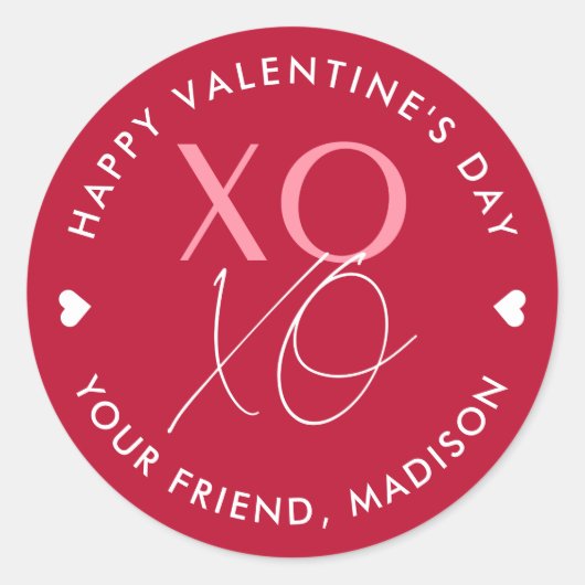 赤とピンクパーソナライズされたのXOXOバレンタインデー ラウンドシール (正面)