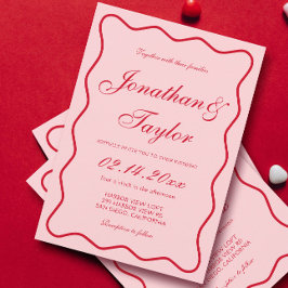 赤とピンク結婚の波線 招待状