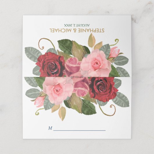 赤とピンク縁どの結婚バラ プレイスカード (外部開封)