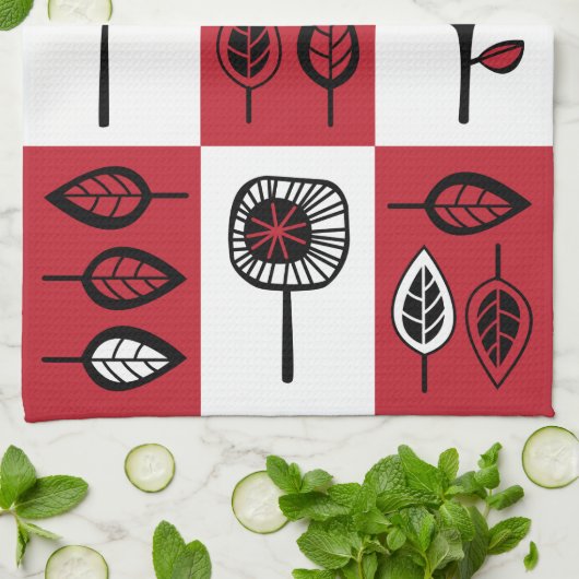 赤とファンキー黒の葉キッチンの花と キッチンタオル (折り畳み)