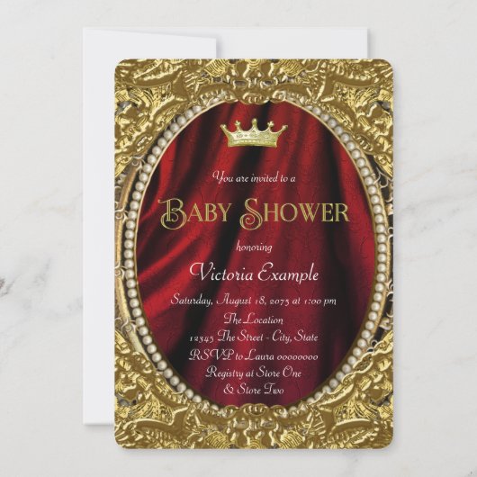 赤とファンシー金ゴールドプリンスの赤ちゃんシャワー 招待状 (裏面)