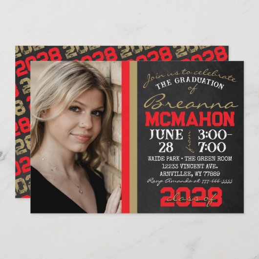 赤とブロンズの金ゴールドシャルボードの卒業写真 招待状 (正面/裏面)