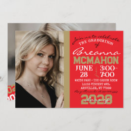 赤とブロンズの金ゴールド卒業2フォト招待状 招待状