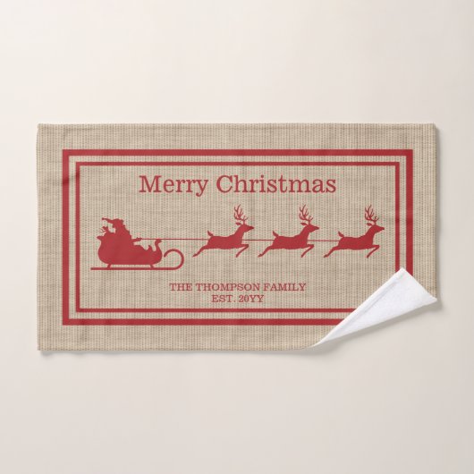 赤とベージュのサンタそりのクリスマスと家族の名前 バスタオルセット (ハンドタオル)