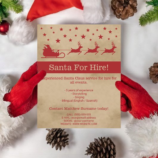 赤とベージュのサンタそり – Santa For Hire Flyer チラシ