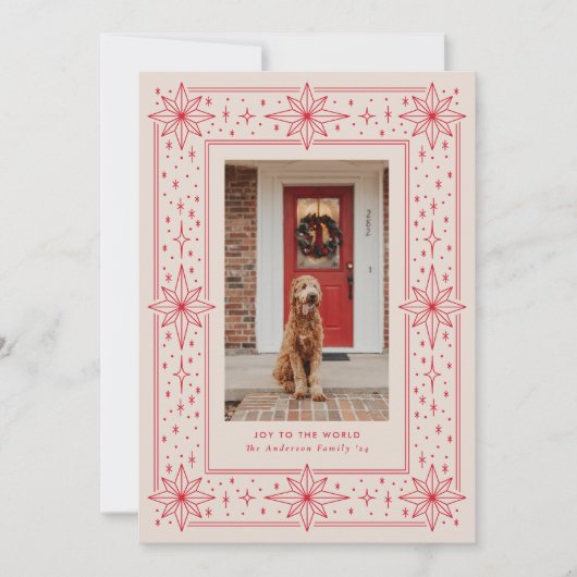 赤とベージュの幾何学的なスター縁どス・クリスマスフォト シーズンカード (正面)
