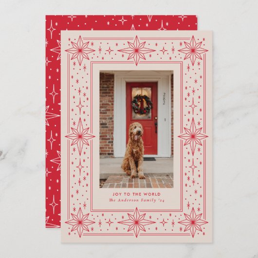 赤とベージュの幾何学的なスター縁どス・クリスマスフォト シーズンカード (正面/裏面)