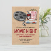 赤とベージュの映画の夜の誕生日パーティーの招待状 招待状 (スタンド正面)