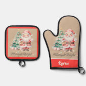 赤とベージュメリー&ブライトホリデーサンタクロース 鍋つかみ&鍋敷きセット (正面)