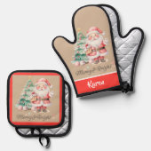 赤とベージュメリー&ブライトホリデーサンタクロース 鍋つかみ&鍋敷きセット (正面/裏面)