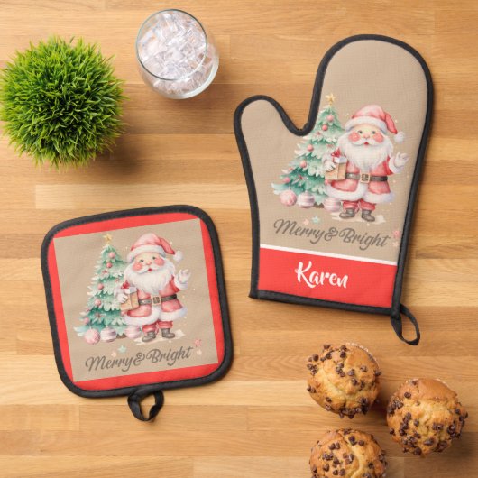 赤とベージュメリー&ブライトホリデーサンタクロース 鍋つかみ&鍋敷きセット (トップダウン)
