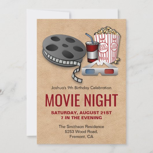 赤とベージュ映画の夜の誕生日パーティー招待状 招待状 (正面)