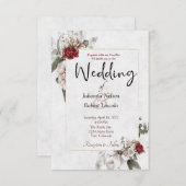 赤とミストのエレガントな水彩花のウェディングデザイン 招待状 (正面/裏面)