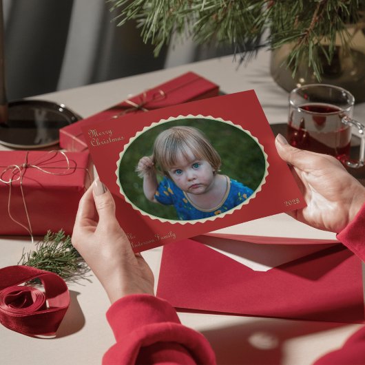 赤とミントグリーンの写真のレース縁クリスマス写真 シーズンカード