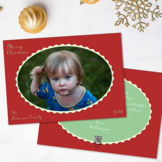 赤とミントグリーンの写真の飾り縁クリスマス写真 シーズンカード