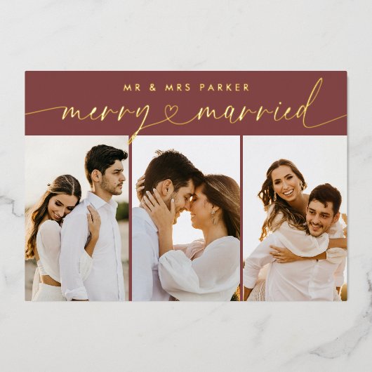 赤とメリーハートス結婚したクリスマス写真 箔シーズンカード (正面)