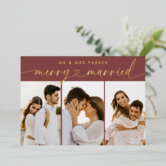 赤とメリーハートス結婚したクリスマス写真 箔シーズンカード (立ち正面)