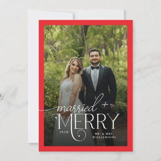 赤とメリー写真結婚した新婚クリスマス シーズンカード (正面)