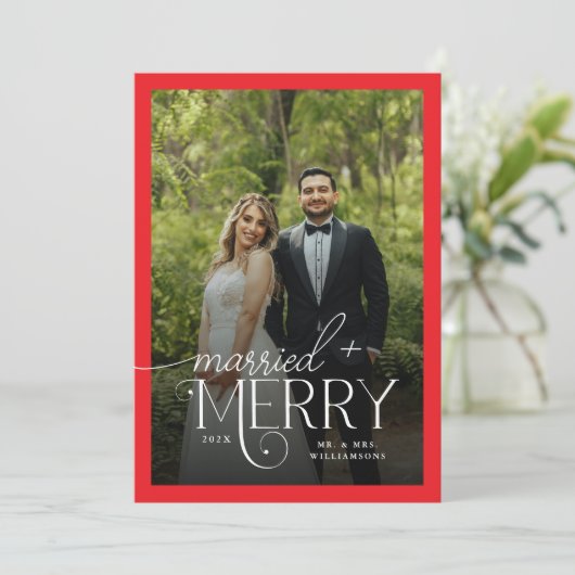 赤とメリー写真結婚した新婚クリスマス シーズンカード (スタンド正面)