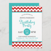 赤とモダンターコイズシェブロン誕生日パーティー 招待状 (正面/裏面)