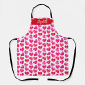 赤とモダンピンクのドードルハートバレンタイン名 エプロン (正面)