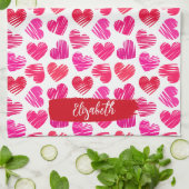 赤とモダンピンクのドードルハートバレンタイン名 キッチンタオル (折り畳み)