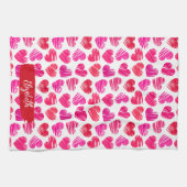 赤とモダンピンクのドードルハートバレンタイン名 キッチンタオル (横)