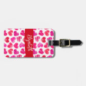 赤とモダンピンクのドードルハートバレンタイン名 ラゲッジタグ (正面横)