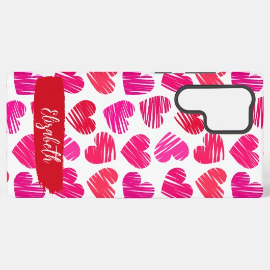 赤とモダンピンクのドードルハートバレンタイン名 SAMSUNG GALAXYケース (裏面横)