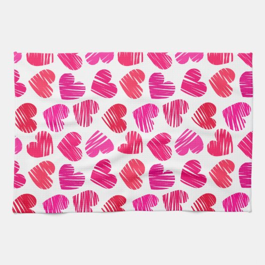 赤とモダンピンクのドードルハートバレンタイン キッチンタオル (横)