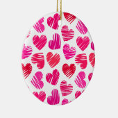 赤とモダンピンクのドードルハートバレンタイン セラミックオーナメント (右)