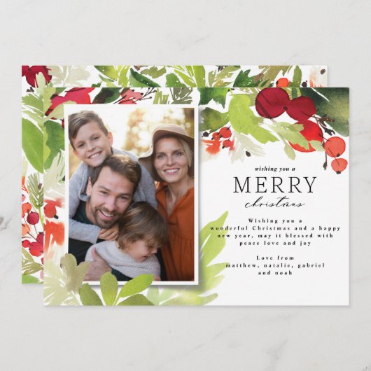 赤とモダン緑のエレガントクリスマス写真 シーズンカード (正面/裏面)