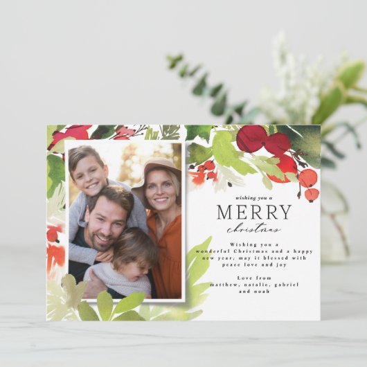 赤とモダン緑のエレガントクリスマス写真 シーズンカード (スタンド正面)