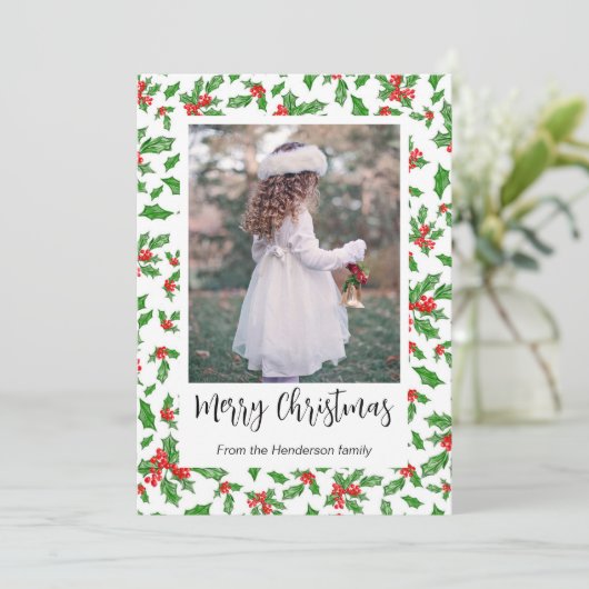 赤とモダン緑のホリーのメリークリスマスの写真 シーズンカード (スタンド正面)