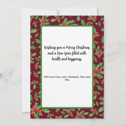 赤とモダン緑のホリーのメリークリスマスの写真 シーズンカード (裏面)